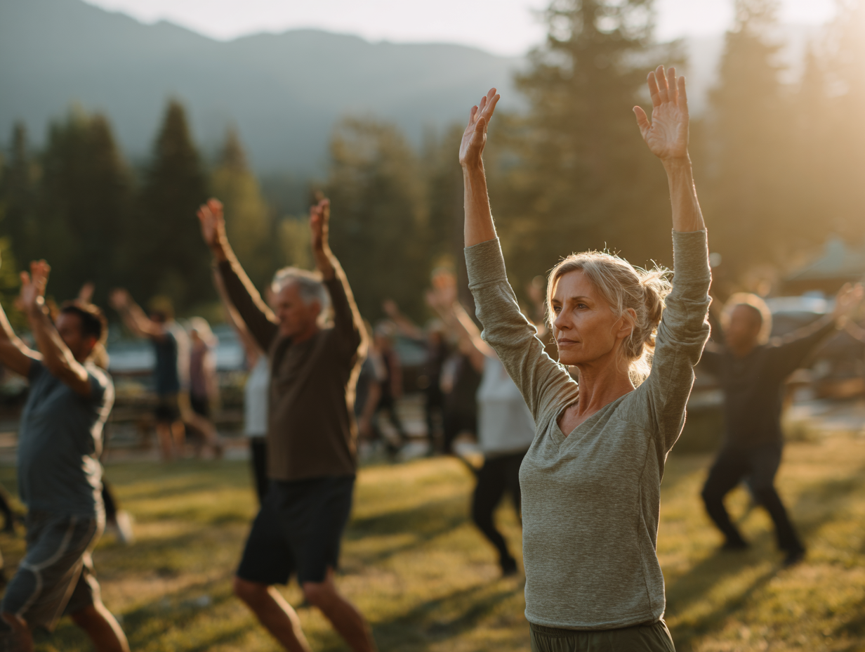 Група людей різного віку виконує вправи для суглобів на природі